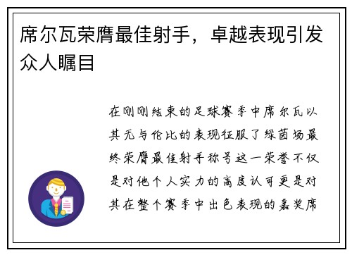 席尔瓦荣膺最佳射手，卓越表现引发众人瞩目